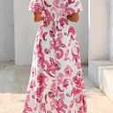 KIRUNDO Women Spring Summer Wedding Guest Boho Floral Maxi Dress Puff Sleeve Button Shirt V Neck Flowy Beach Vacation Dress (White, M)