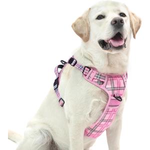 PUPTECK No Pull Dog Harness for Large, Adjustable Reflective Dog Harness with Handle Easy Control, Comfortable Soft Padded Pet Vest Harness for Large Dogs, Plaid Pink L