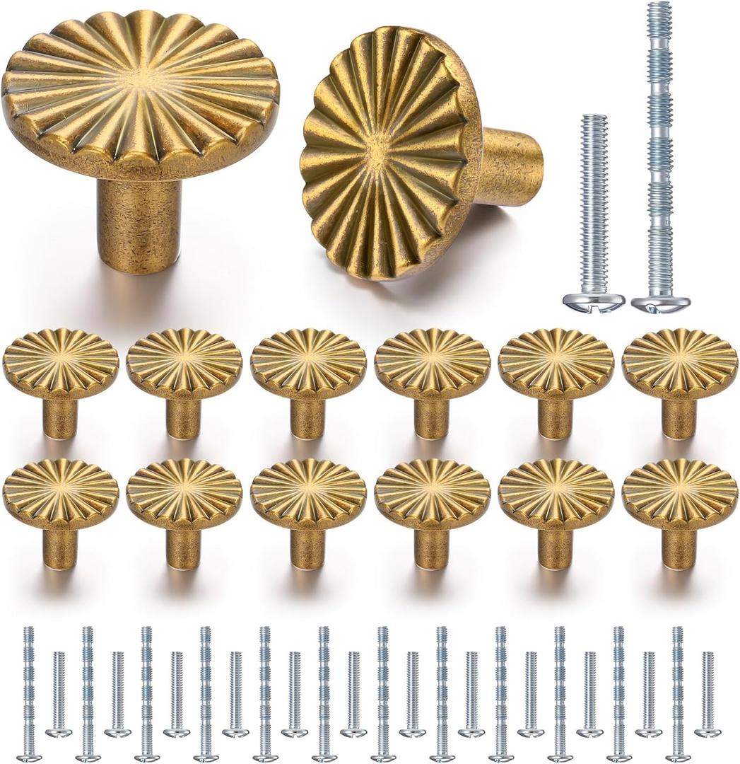 12 Pack Antique Brass Cabinet Knobs, Vintage Drawer Knobs Dresser Pulls Zinc Alloy Flat Kitchen Hardware Handles with Screws for Home Bathroom Cupboard Closet Wardrobe, 1.18" Diameter