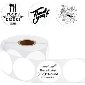 3 Inch White Round Thermal Sticker Labels, Self-Adhesive Circle Direct Thermal Printer Labels, DIY Design, QR Code, Name Tag, Brand Label,Gift Label (White 500 PCS/1 Roll)