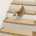 Bullnose Carpet Stair Treads for Wooden Steps Indoor 9.5" x 30" | 14 Pcs Stair Runner Rugs Non Slip with Rounded Edge Protection, Reusable Peel-Stick TPU Backing - Diamond Pattern Khaki