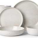 Famiware Meteor Stoneware Dinnerware Sets with Pasta Bowls, Service for 4 (16 Pieces), Plates and Bowls Sets, Microwave and Dishwasher Safe Dishes Set, Creamy White