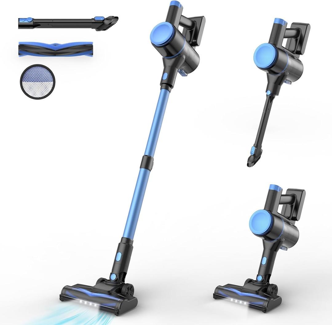 N8 Cordless Vacuum Cleaner, Lightweight Stick Vacuum with Powerful Suction, 2200mAh Battery, 40 Mins Runtime, Self-Standing, Rechargeable Vacuum Cleaners for Home Hardwood Floor Carpet Pet Hair (Blue)