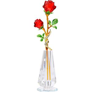 YWHL Handmade Red Rose Flower Crystal Figurine with Vase, Bouquet Glass Flowers Ornament Rose Gifts for Wife Girlfriend Women, Crystal Flower Home Table Decor for Anniversary Wedding