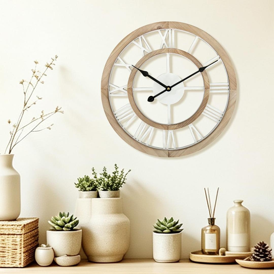 16 Inch Rustic Wall Clock Silent Non-Ticking Wooden Wall Clocks with Roman Numerals Farmhouse Decorative Clock for Living Room Bedroom Office (Light Lvory)
