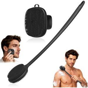 Back Scrubber for Shower & Face Scrubber, Silicone Exfoliating Brush Set with 17In Long Handle, Soft Body & Facial Cleansing Scrubber for Men Women