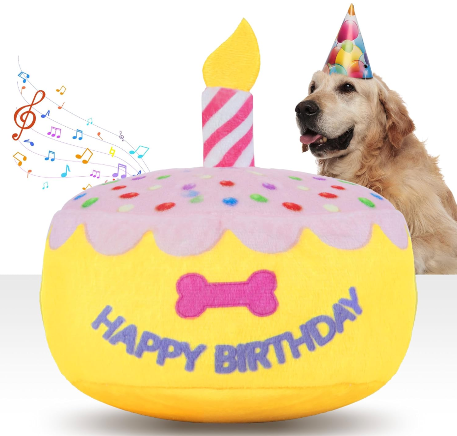 FurtasticFinds Dog Birthday Cake Toy 5.9", Larger Plush Dog Gift with Electronic Music Box, Plays Happy Birthday Song & Puppy Bark Melody, Party Decoration for All Breeds Dogs, Pink