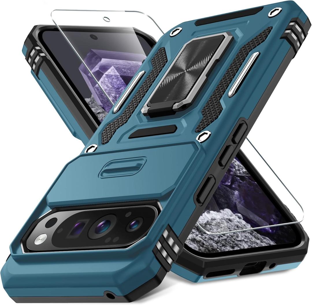DEERLAMN Case for Google Pixel 9 Pro XL with Slide Camera Cover+Screen Protector(1 Pack), Rotated Ring Kickstand Military Grade Shockproof Protective Cover-Light Blue