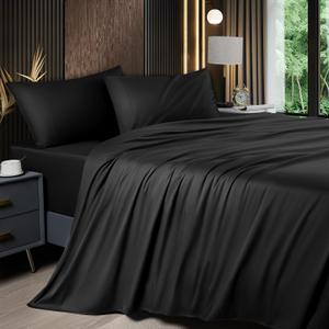 Shilucheng 4 Piece Queen Sheet Sets, Cooling Sheets, Blend Rayon Derived from Bamboo, Deep Pocket Up to 16", Breathable & Soft Bed Sheets, Hotel Silky Bedding Set, Black