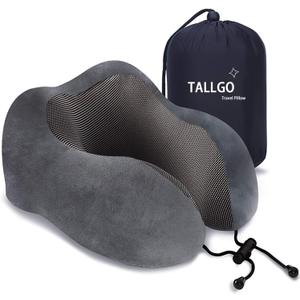 TALLGO Travel Pillow, Best Memory Foam Neck Pillow Head Support Soft Pillow for Sleeping Rest, Airplane Car & Home Use (Grey)