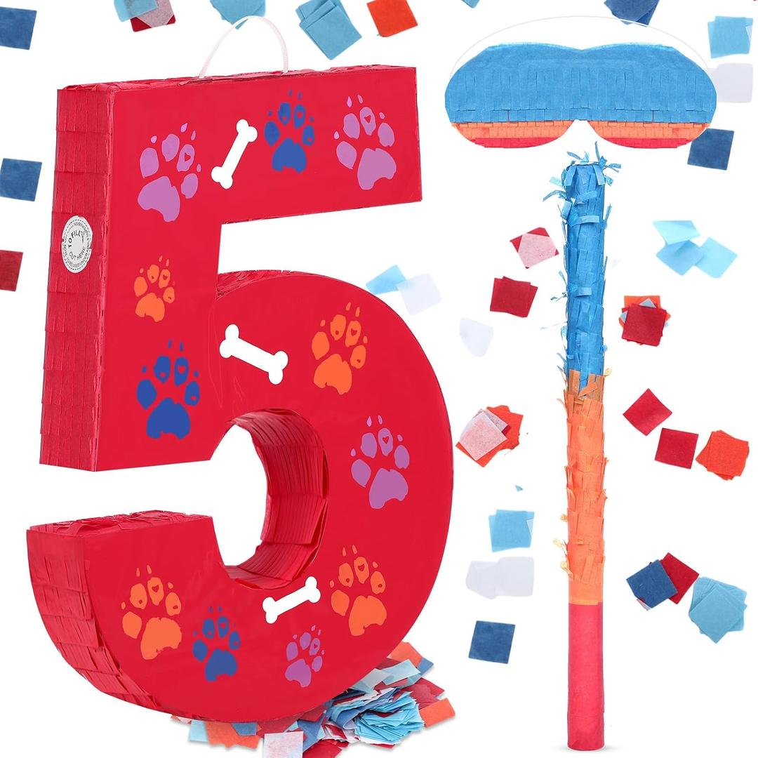 Hiboom 13.7 Inch Dog Paw Red Piata 5th Birthday Party Decoration Piata with 9.8 Inch Stick Blindfold Confetti Number 3 4 5 Birthday Themed Gifts for Kid Boy Girl Fun Dog Footprints Bone Photo Prop