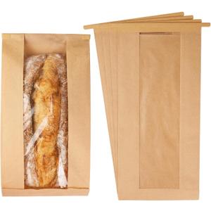 100 Pack Long Paper Bread Bags with Tabs for Homemade Sourdough, Bakery Bags with Window for Oval Sourdough Bread, Loaves, Pastries, Baguettes (6.3x2.713.7 Inches)