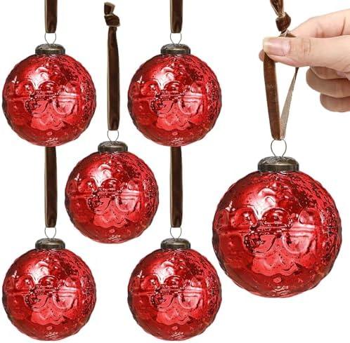 Threan 6 Pcs Large Vintage Mercury Glass Christmas Ornaments 3.15" Red Hanging Christmas Ball Ornaments Antique Embossed Ball Decorations for Christmas Tree Winter Holiday Decor Gifts