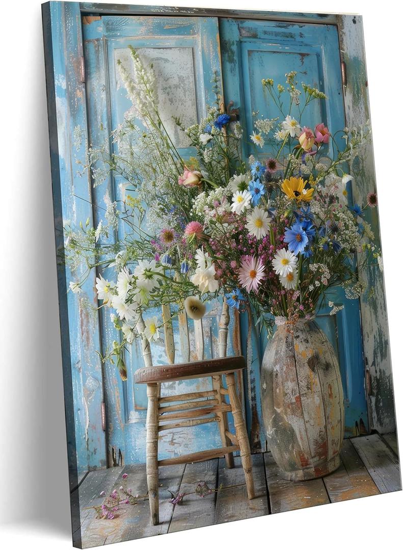 Farmhouse Daisy Canvas Wall Art Vintage Country Flower Posters Prints Still Life Botanical Bouquet Wall Decor Rustic plant Floral Pictures Painting countryside Bathroom Bedroom LivingRoom Framed (Bule)