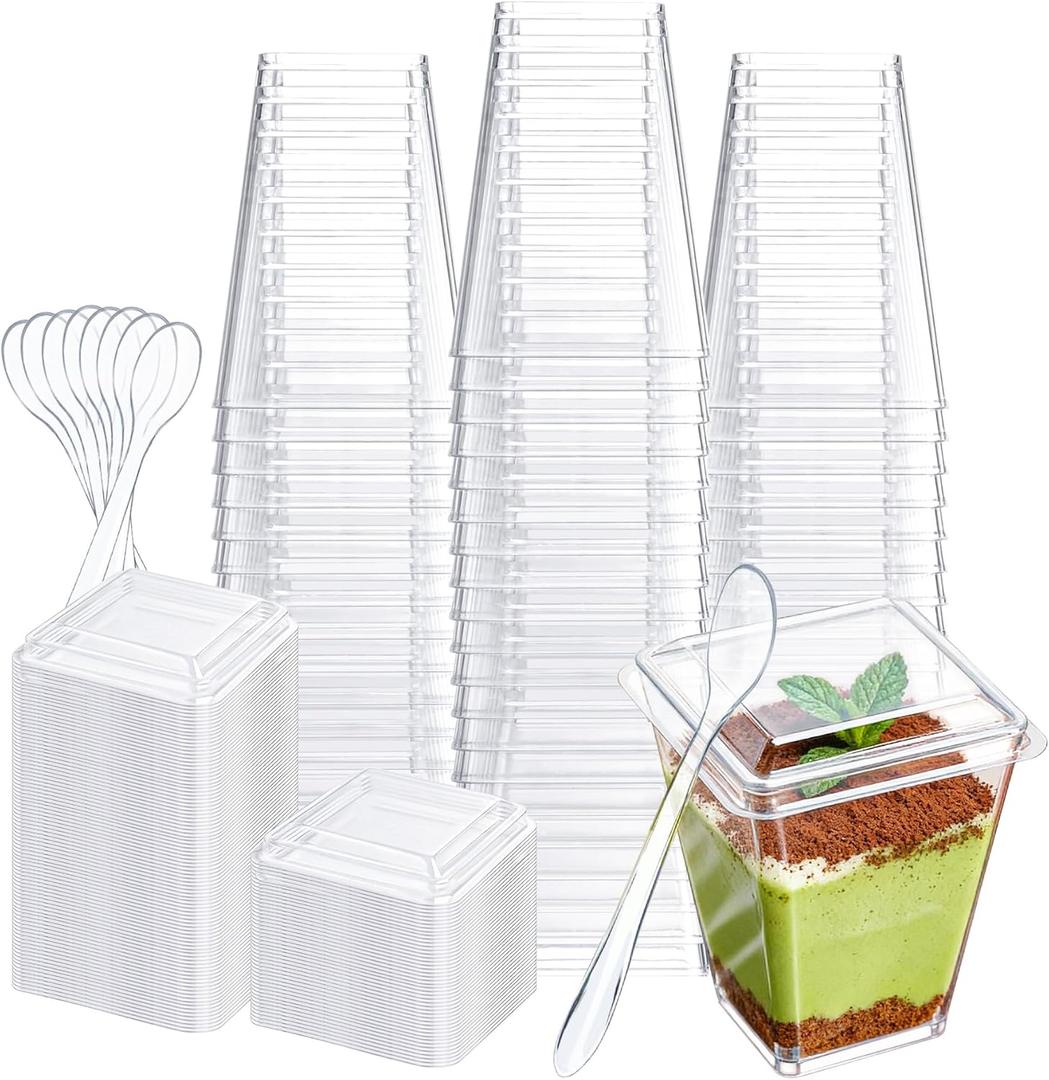 60 Pack 5 oz Plastic Dessert Cups with Lids and Spoons, Clear Mini Desert Cups, Dessert Cups for Fruit, Pudding, and Ice Cream
