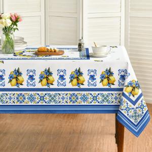 Horaldaily Summer Tablecloth 52×70 Inch Rectangular, Vintage Classical Lemons Jasmine Leaves Blue Yellow Washable Seasonal Table Cover for Party Picnic Dinner Decor