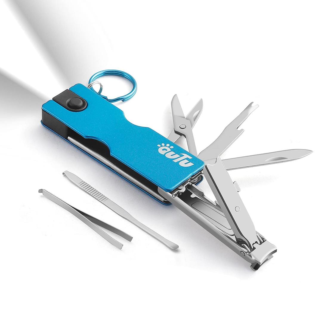 OUTU Keychain Nail Clippers Multitool, 8 in 1 EDC Utility Tool with Nail Clipper, Scissors, Tweezers, Gifts for Him Men Husband Dad Boyfriend (Blue)