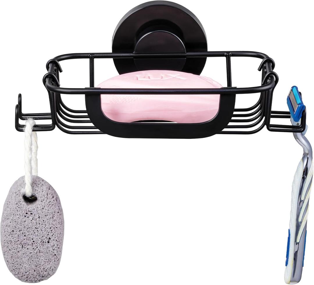 TAILI Soap Holder Dish Suction Cup with Hooks, Soap Saver Tray for Shower Wall, Bathroom, Tub, Rustproof Stainless Steel Sponge Holder for Kitchen, Drill-Free, Bathroom Shower Accessories(Black) (5.6" * 4.6")