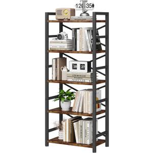 Organization and Storage, 5 Tier Bookshelf, Tall Bookcase with Shelves, Wood and Metal Book Shelf Storage Organizer, Industrial Display Standing Shelf Unit for Bedroom, Living Room, Rustic Brown