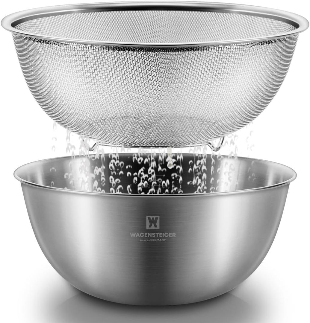 Stainless Steel Mixing Bowl and 3-Legged Colander Set, Multipurpose Kitchen Basket with Fine Mesh Colander, Salad Mixing Bowl with Strainer, Rinsing Vegetables & Fruits (24cm / 9.45")
