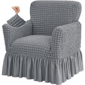 Stretch Seersucker Armchair Slipcovers with Skirt, 1-Piece Chair Cover with Arms, Soft Stretch Accent Chair Slipcovers, Non-Slip Washable Furniture Protector for Living Room Decor (Gray)