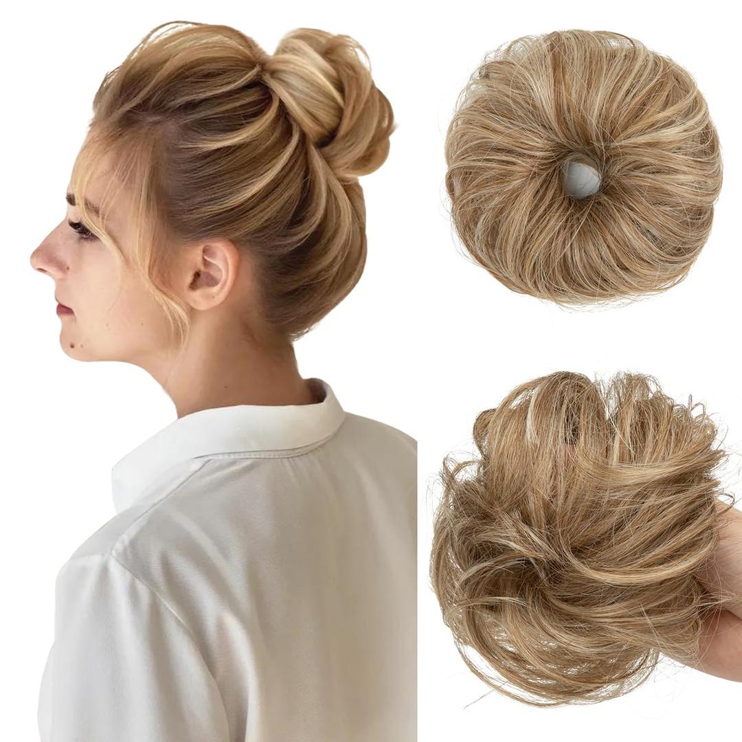CJL HAIR 2PCs Small Cute Messy Bun Hair Piece for Thin Hair Women Mini Synthetic Curly Bun Scrunchies Updo Hairpieces Sahara Beige