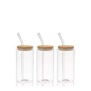 sungwoo 3PCS Glass Cups with Bamboo Lids and Straws, 16OZ Ice Coffee Cup, Drinking Cup set with Wooden Lids, Home Essential Glass Tumblers for Beer, Cocktail, Tea and Latte Clear