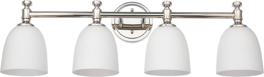 Bathroom Vanity Light, 4-Light Bathroom Light Fixtures Over Mirror, Traditional Vanity Lights for Living Room, Milk White Bell Glass Shades, Standard E26 Base, Polished Nickel
