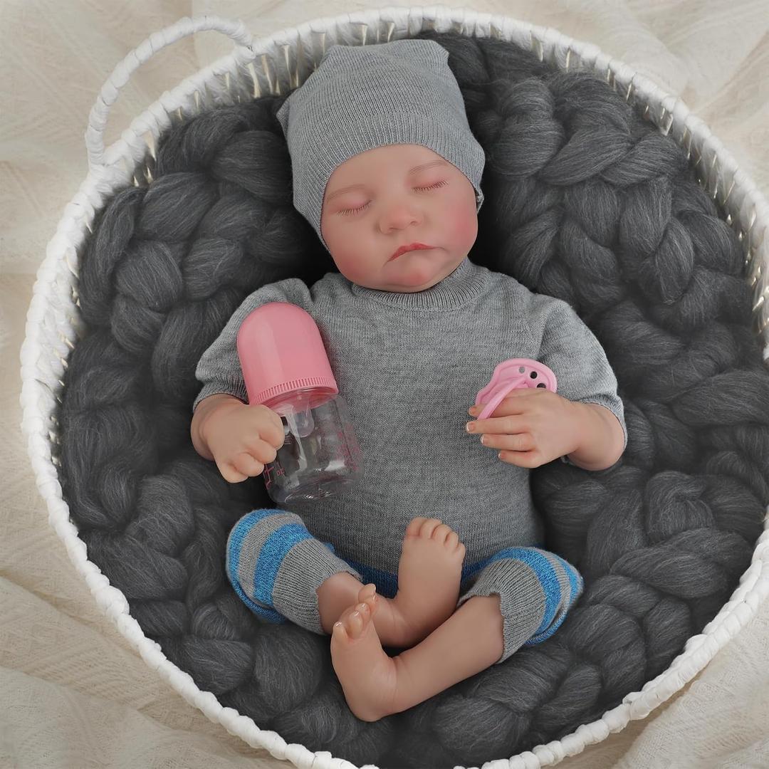 Reborn Baby Dolls 18" Realistic Baby Doll Real Life Like Sleeping Baby Doll for Girls Boys with a Bear Toy Reales Muecas para Nias with Birth Certificate & Feeding Kit Toys for Kids Age 3+