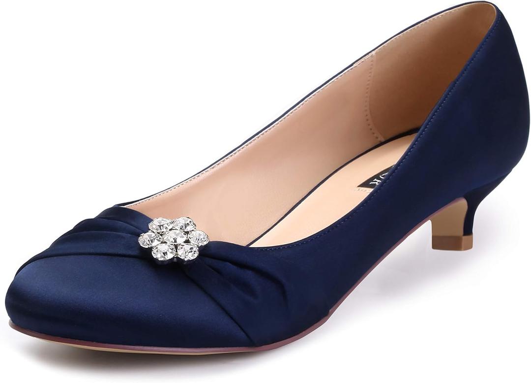 ERIJUNOR Women Closed Toe Comfort Kitten Heels Rhinestones Satin Wedding Evening Dress Shoes (11, Navy)
