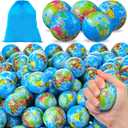 Poen 300 Pcs Globe Squeeze Balls, 2 Inch Mini World Earth Stress Balls Bulk Educational Relief Foam Squeeze Ball with Blue Drawstring Bag for Finger Exercise School Reward Party Gift
