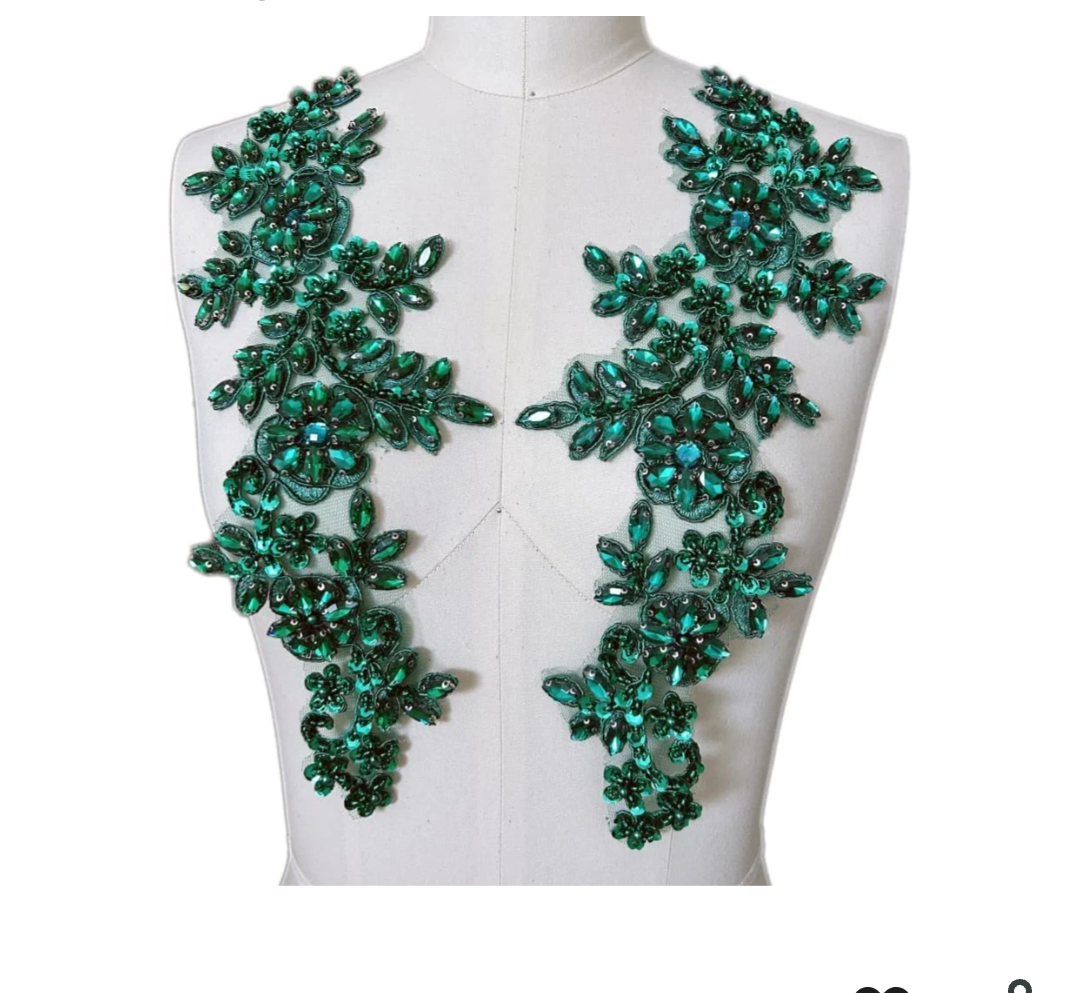 Pair Rhinestones Lace Applique Accessories Handsewing Glass Beads Stones Trim Patches for DIY Girl Wedding Dress Decorations (Deep Green)