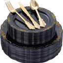 DaYammi 150Pcs Black Gold Plastic Plates & Plastic Silverware,Black Disposable Plates for Party Include 30 Dinner Plate,30 Dessert Plate,30 Knives,30 Forks,30 Spoons,black plates for New Year Wedding