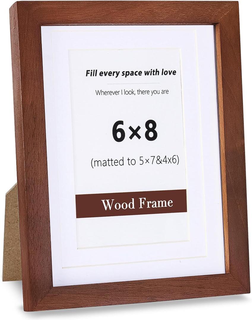 SZKYSJGS 6x8 Picture Frame, Solid Natural Walnut Wood Photo Frame with Tempered Glass, 6 x 8 Wooden Frame Matted to 5x7/ 4x6, Wall or Tabletop Display