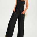 Fisoew Womens Summer Jumpsuits One Piece Casual Loose Overalls Spaghetti Strap Wide Leg Rompers with Pockets Workout Outfits (Black), S