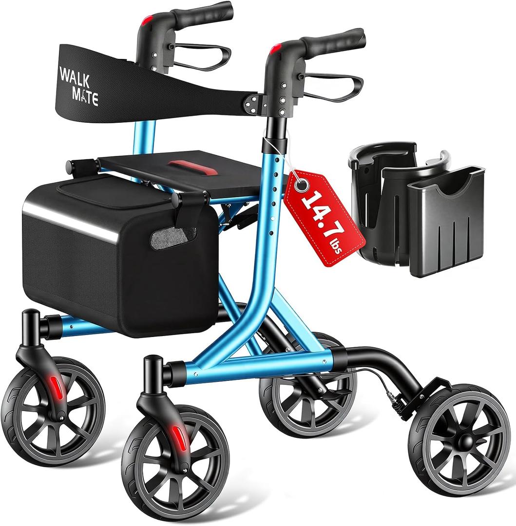 WALK MATE Rollator Walker for Seniors with Cup Holder, Upgraded Thumb Press Button for Height Adjustment, 8 Inch Wheels Walker with Seat Folding 14.7lb Lightweight Walking Aid, 300 lb Capacity, Blue