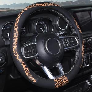 Leopard Steering Wheel Cover, Breathable Microfiber Leather Universal 14.5-15 inch for Most Automotive Steering Wheel Cheetah Print, Black
