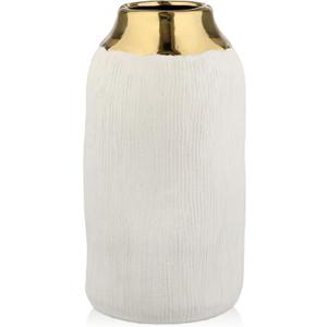 10.2" Ceramic Flower Vintage Vase - White & Gold Stripes Textured Ceramic Vase for Farmhouse Modern Home Decor Pampas Grass Centerpieces Living Room Bedroom Office Decoration