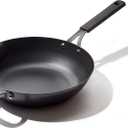 OXO Obsidian Pre-Seasoned Carbon Steel, 12" Wok Pan with Removable Silicone Handle Holder, Induction, Oven Safe, Black