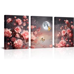 SkenoArt 3 Piece Romantic Rose Wall Art Pink Rose Flower Night Full Moon Landscape Framed Nature Floral Painting Ready to Hang for Bedroom Decor
