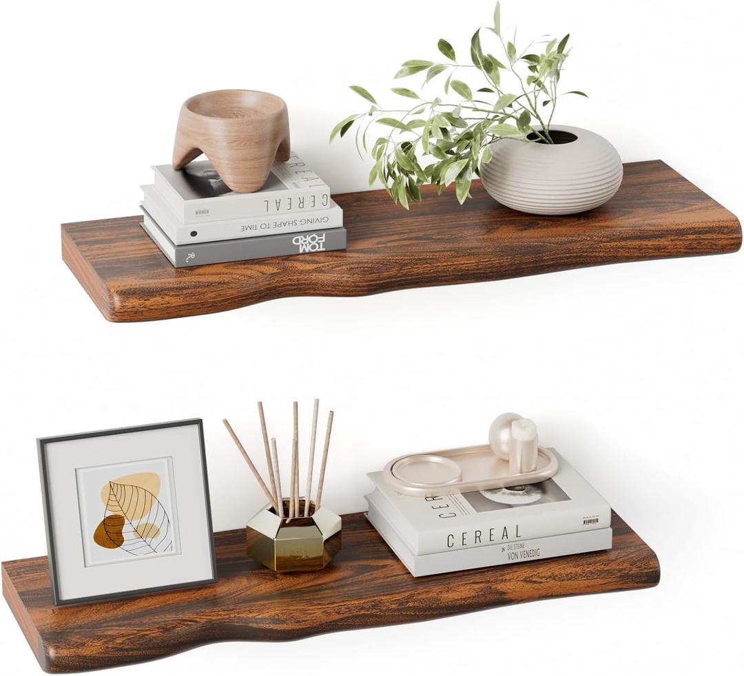 Solid Wood Live Edge Floating Shelves Set of 2 24" Rustic Wall Shelf with Hidden Bracket System, Wall Mounted Shelves for Bathroom, Kitchen, Living Room, Bedroom (Glazed Walnut), 24 Inch - 2pcs