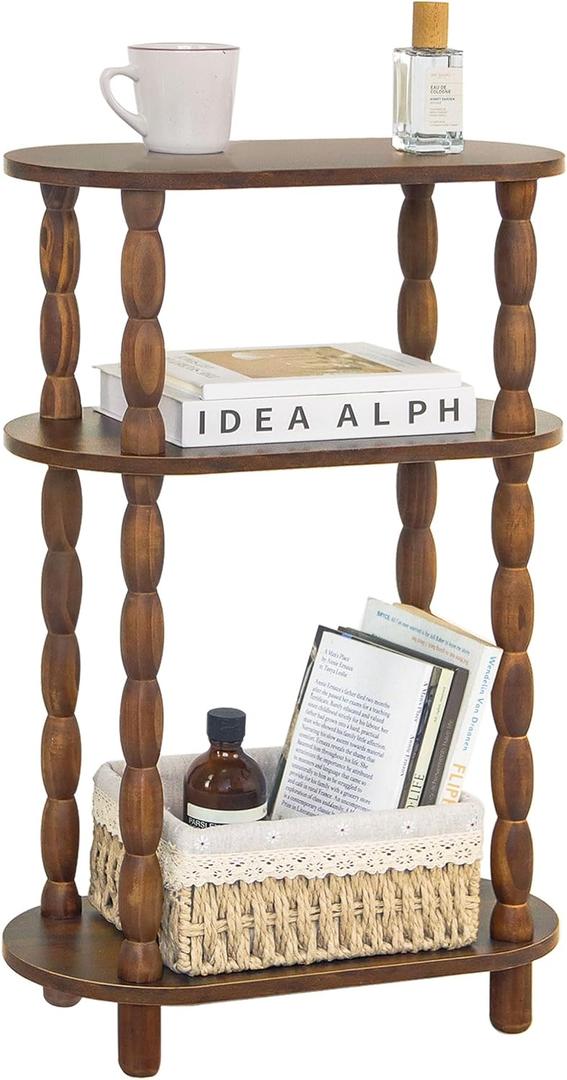 MaxSmeo Small Narrow Side Table, 3-Tier Narrow End Table with Storage, Skinny Side Table Nightstand for Small Space, Bedrooms, Living Room (Rustic Brown)