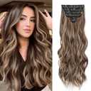 Clip in Hair Extensions for Women, Brown with Blonde Highlights, 24 Inch 6PCS Hairpieces Long Wavy soft Thick Hair Extensions clip ins