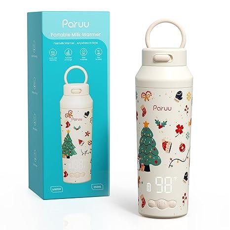 Paruu Portable Bottle Warmer for Travel, EasyClean Wide Mouth, Portable Milk Warmer with Fast Heating for Night Feeding, 7Temp Control, Large 12oz Capacity, Christmas Limited Edition, Beige