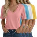 Oakgarden 4 Pack Women's Half Sleeve Shirts V Neck Tops Elbow Length Loose Fit Straight Hem T Shirts Casual Summer Tees (XL)