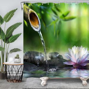 Renaiss Zen Shower Curtain for Bathroom, Water Lily Lotus Flower Blossom Bathroom, Zen Stone Bamboo Spa Spiritual Meditation Shower Curtain Set with Hooks, 72Lx72W inches