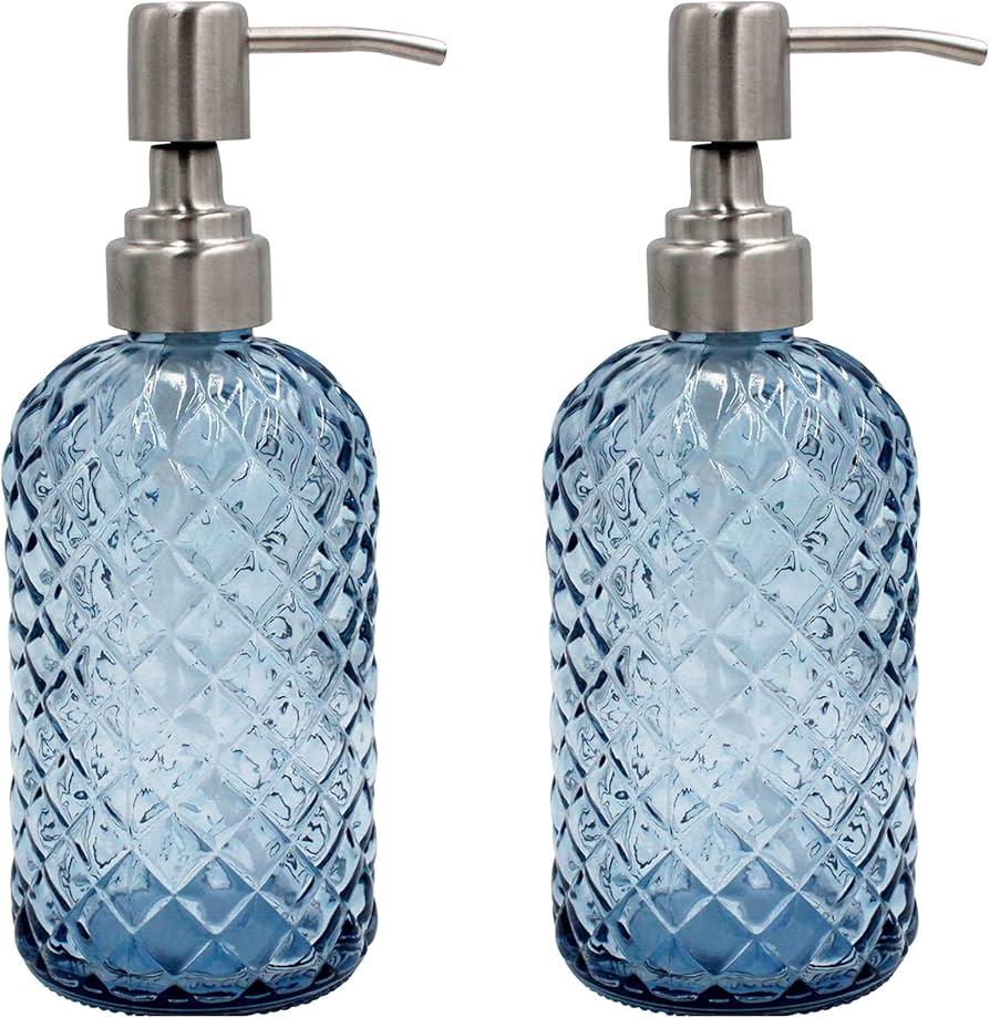 SDlumeiy 16 oz Diamond Pattern Glass Soap Dispenser, Kitchen and Bathroom Refillable Soap Dispenser with Rust Resistant Stainless Steel Pump for Hand Soap, Lotion Glass Liquid Dispenser(Blue - 2 Pack)