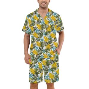 Veseacky Hawaiian Flower Print Pajamas for Men Button Down Short Sleeve Shorts Set (White Floral Leaf,L) (L)