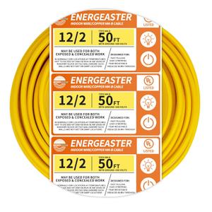 Solid Indoor 12/2 W/G NMB Cable 50ft CoilElectrical Wire 12 Gauge Wire 2 Conductors Non-Metallic with Ground Wire(Yellow)