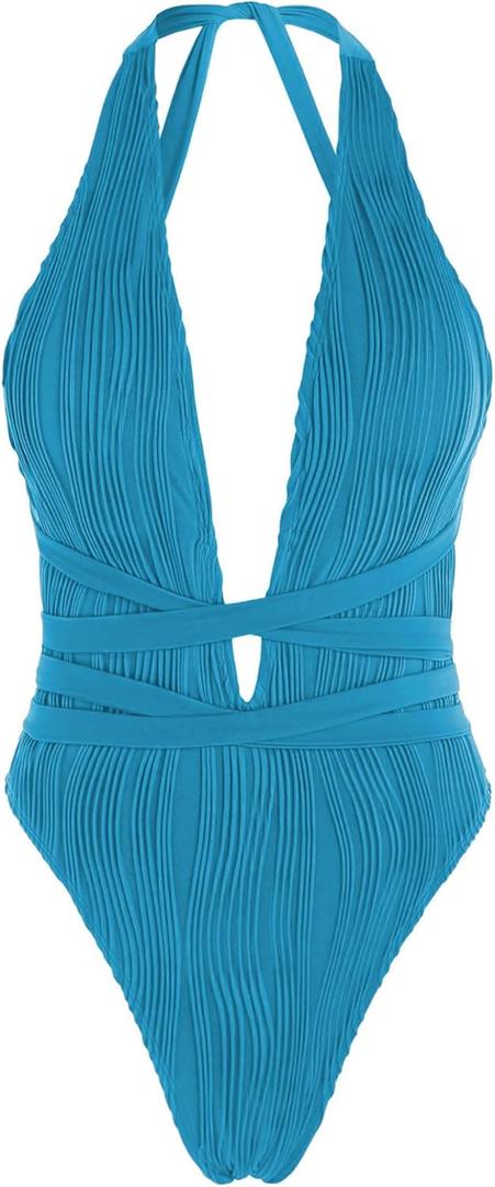 ZAFUL Women Plunging One Piece Swimsuit Backless Cross Tie High Cut Thong One-Piece Bathing Suit 3-Blue XL